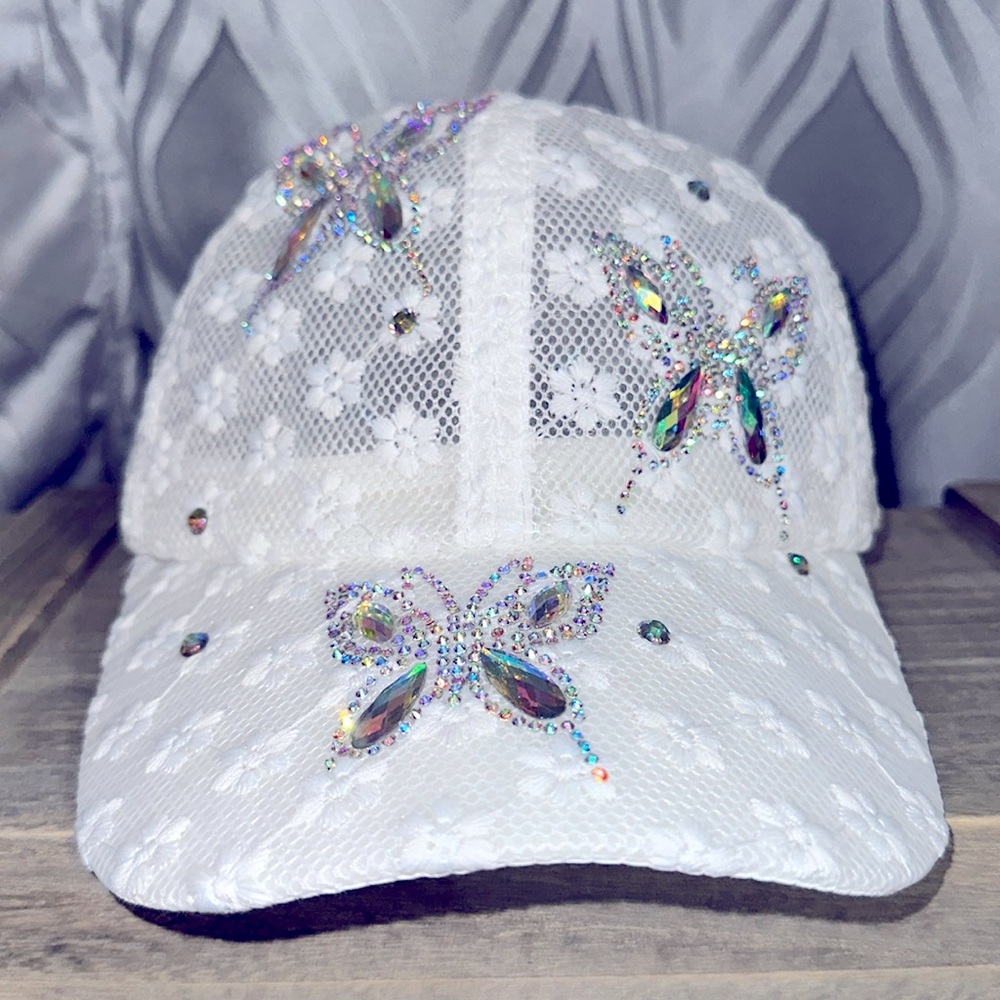 LA VALENTINA Breathable Butterfly Rhinestone Mesh Hat. Adjustable strap. New